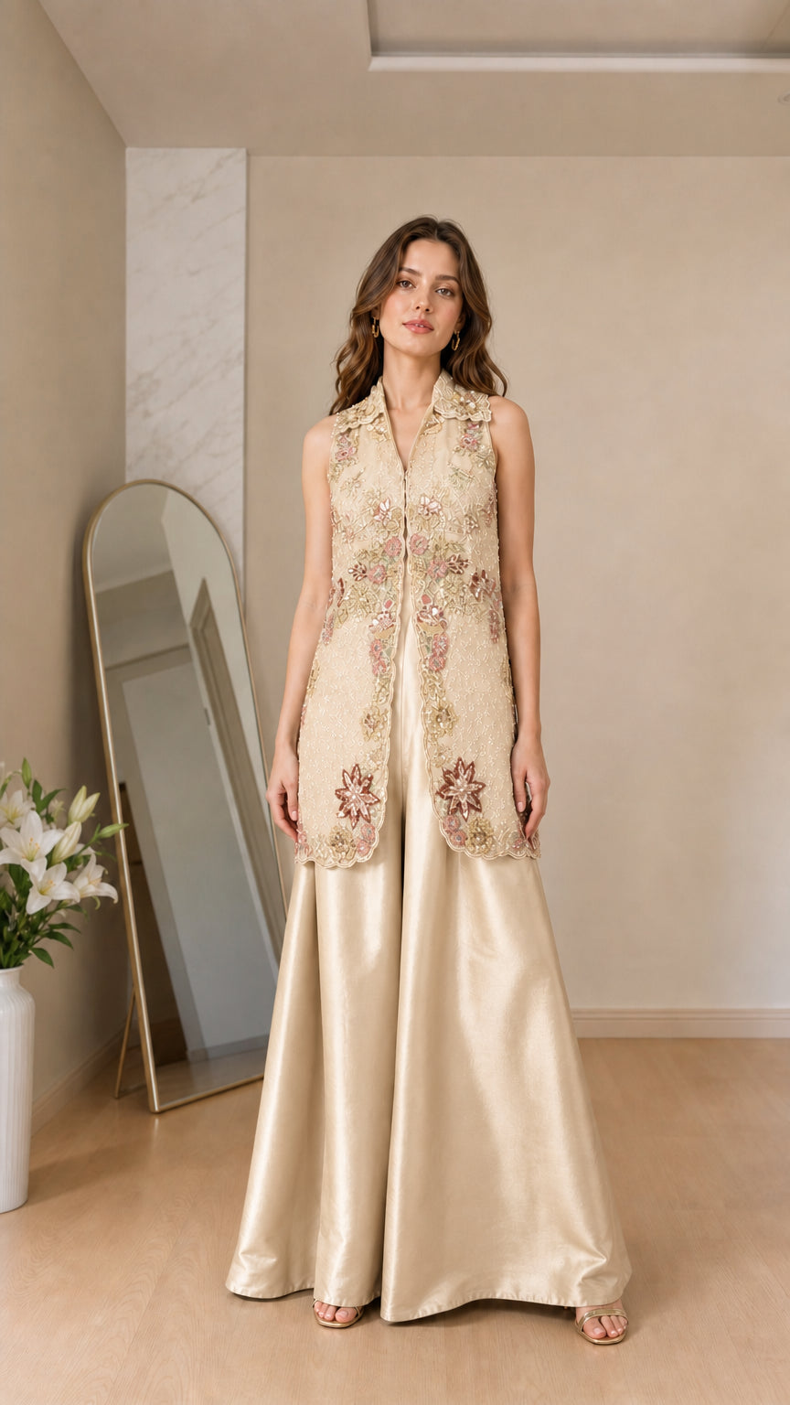 Front view of model wearing champagne embroidered vest and satin palazzo set