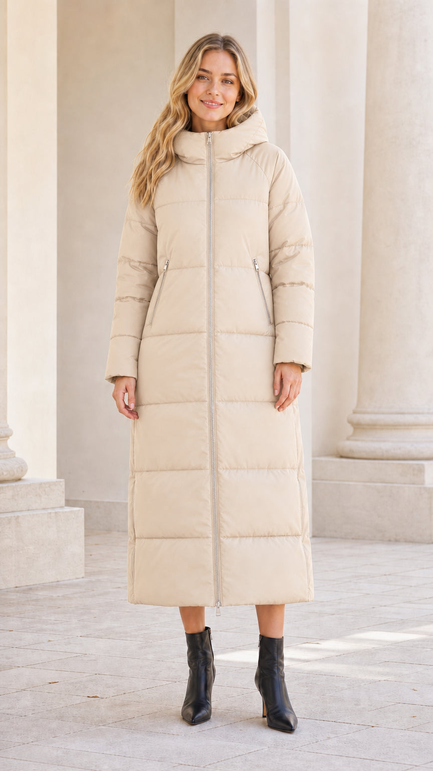 Front full-length view of model wearing beige cream full-length quilted puffer jacket