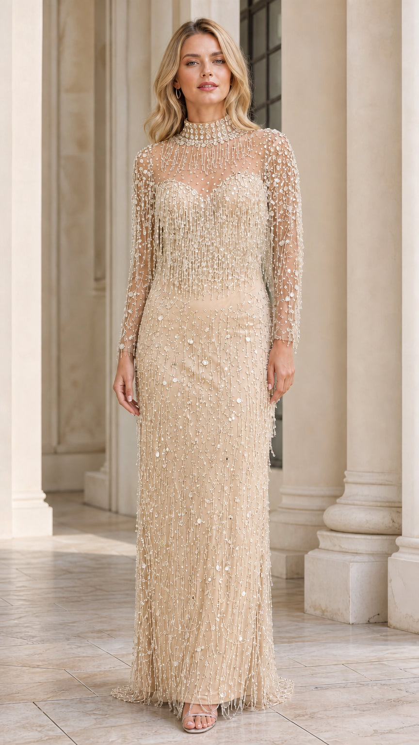 Model wearing champagne beaded long sleeve evening gown