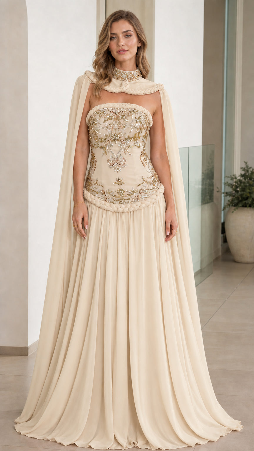 Front view of Champagne embroidered corset gown with cape