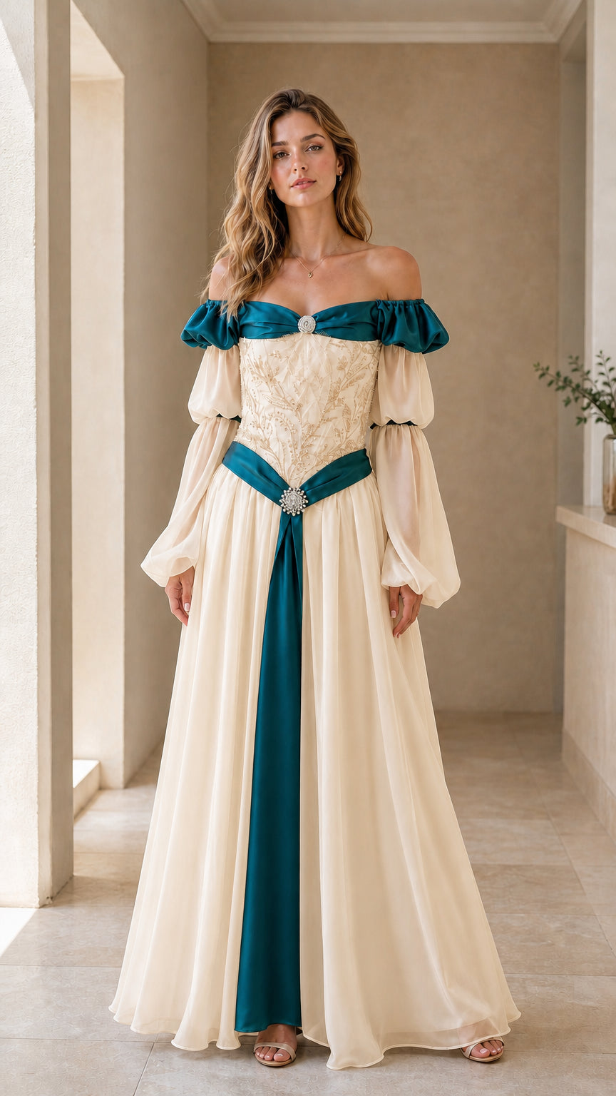 Model wearing champagne and teal off-the-shoulder fantasy ball gown
