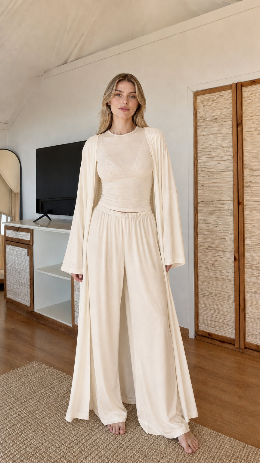 Front view of model wearing Beige cream 3-piece elegant knit lounge set