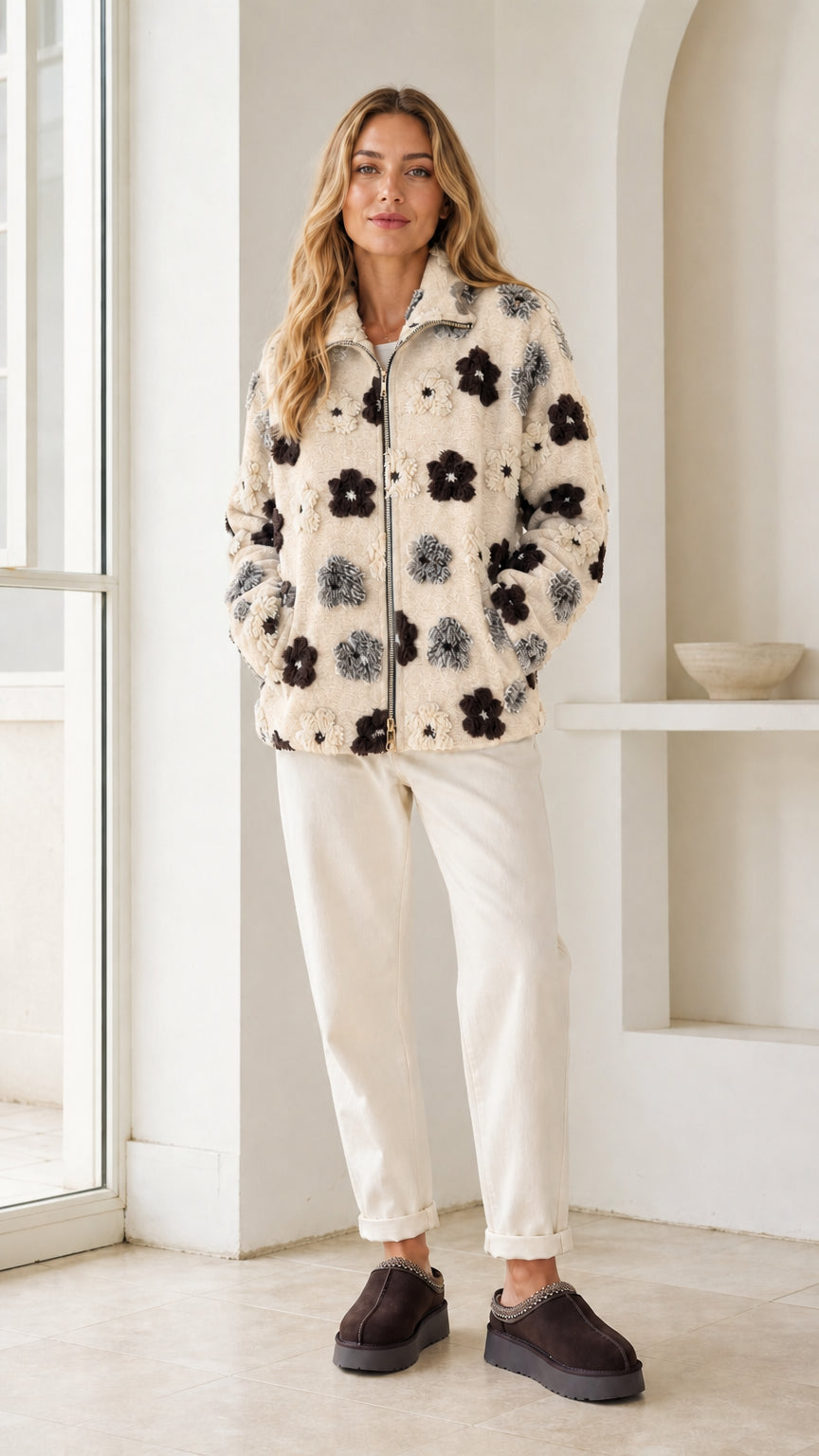 Model wearing ivory white floral sherpa fleece zip jacket