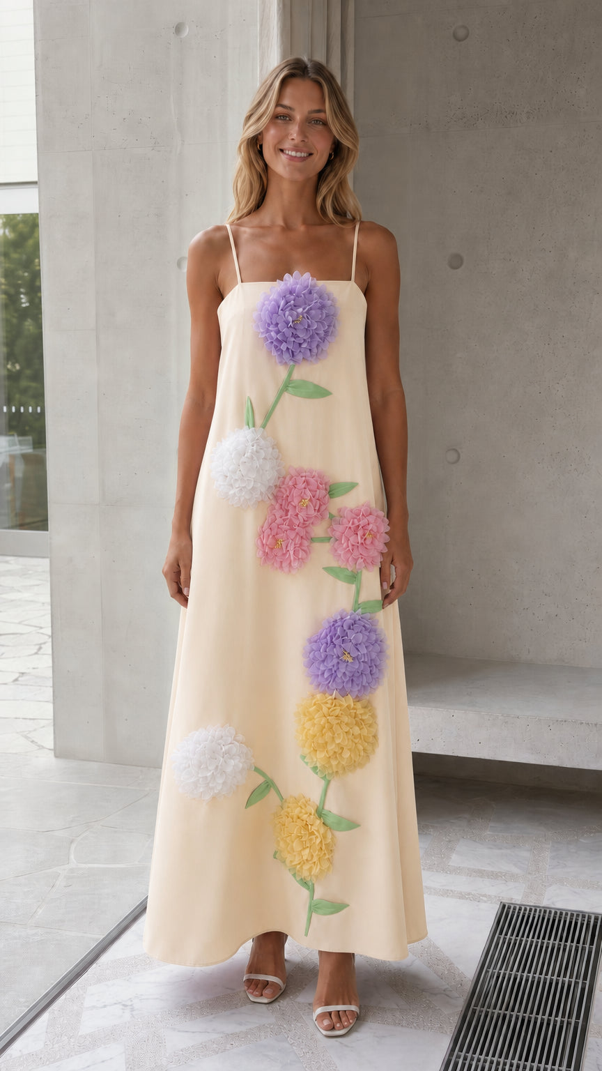 Cream off-white spaghetti strap maxi dress with 3D floral accents