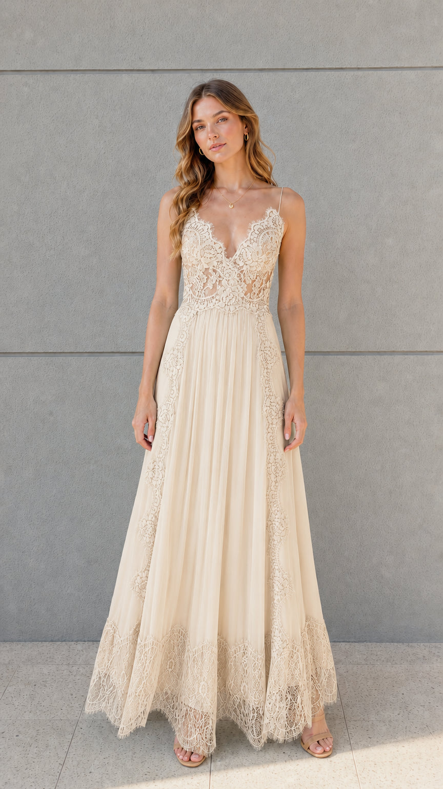 Full-length front view of champagne beige lace bodice pleated tulle maxi dress