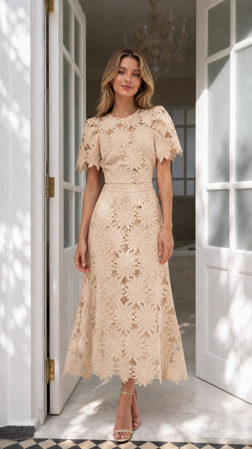 Front view of beige champagne floral embroidered lace midi dress