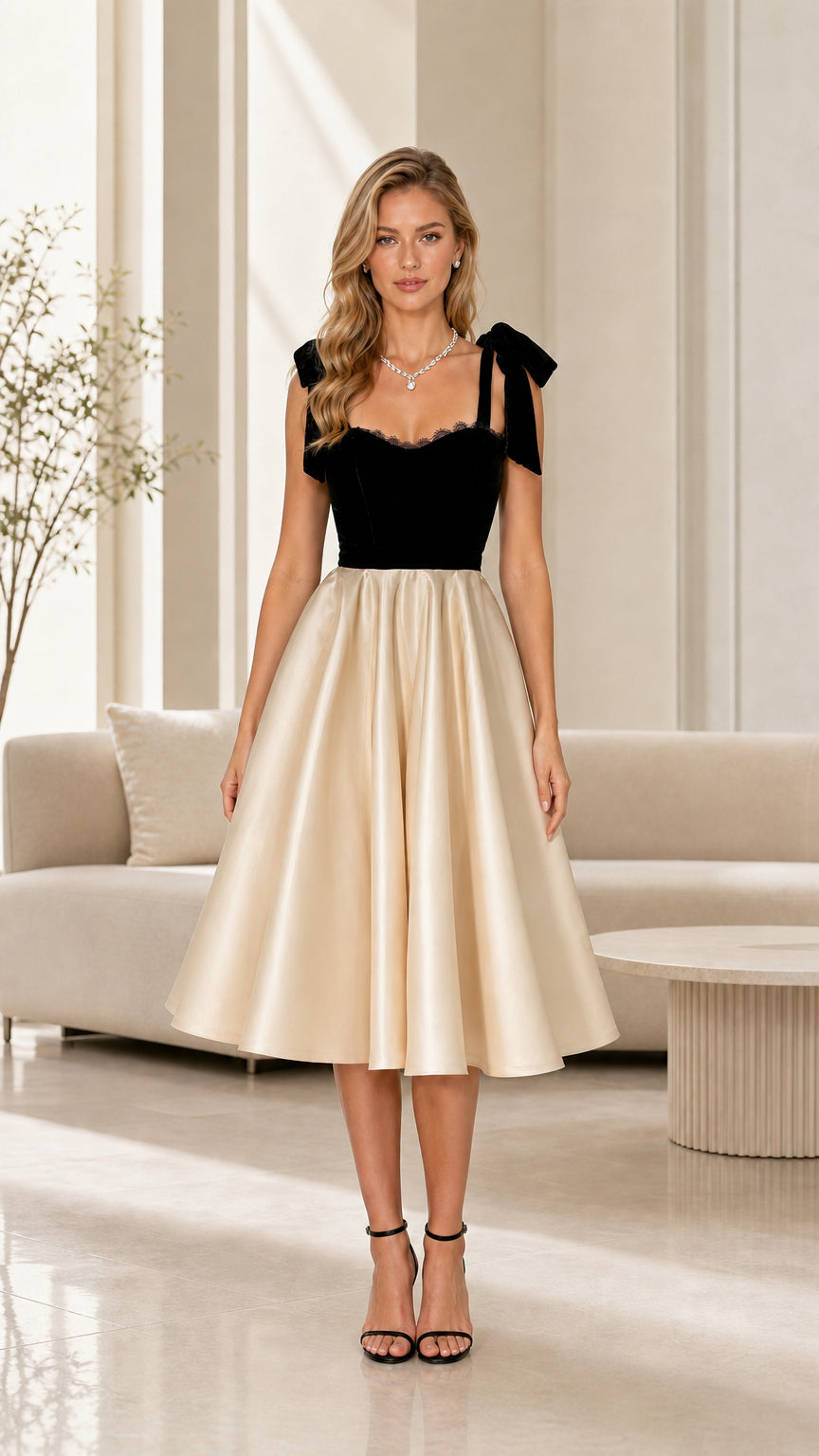 Front view of a black and ivory vintage midi dress with bow shoulder straps