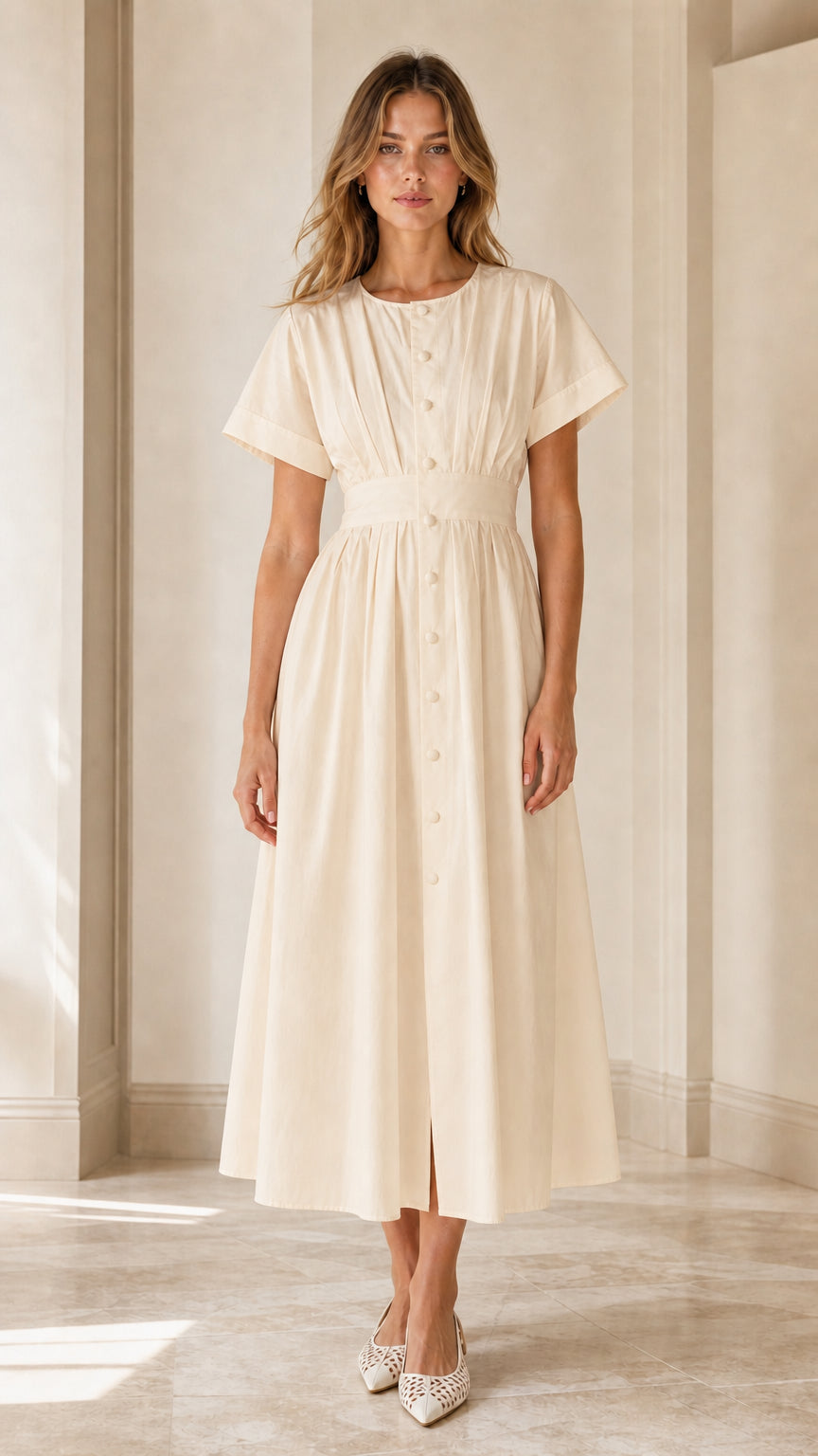 Model wearing cream pleated button-down midi dress
