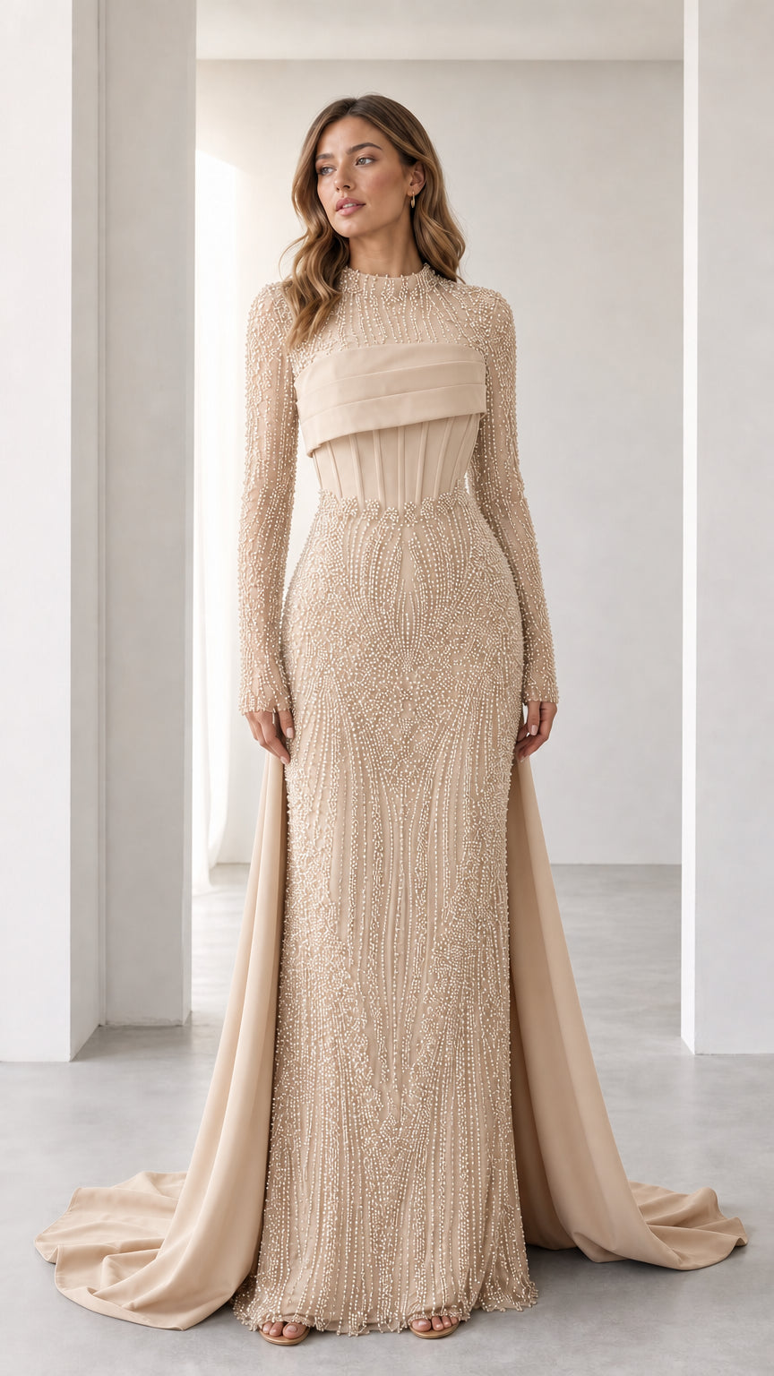 Front view of the champagne beaded evening gown variant