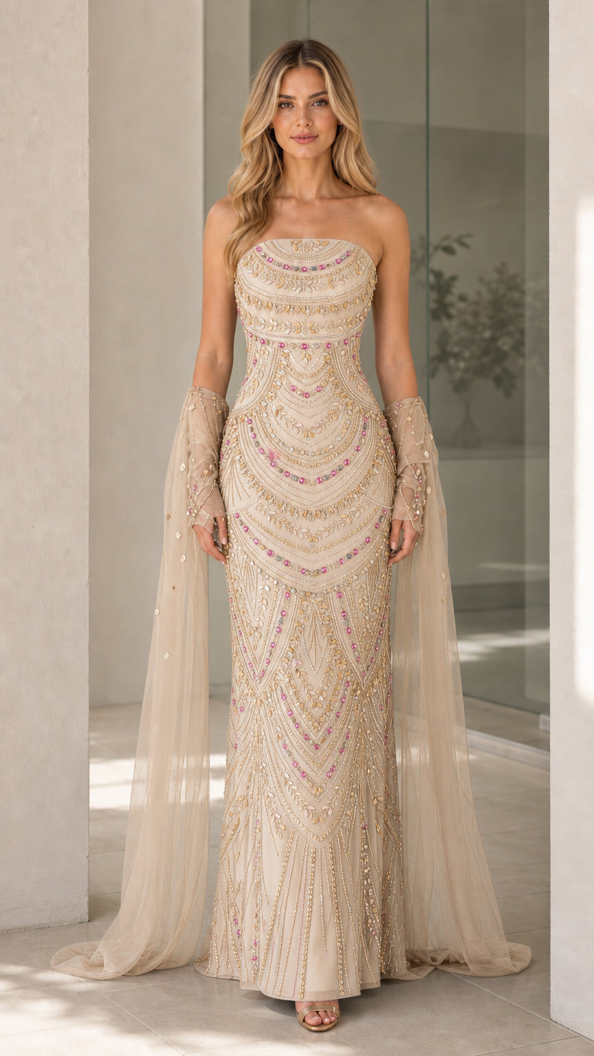 Champagne color variant of beaded strapless evening gown
