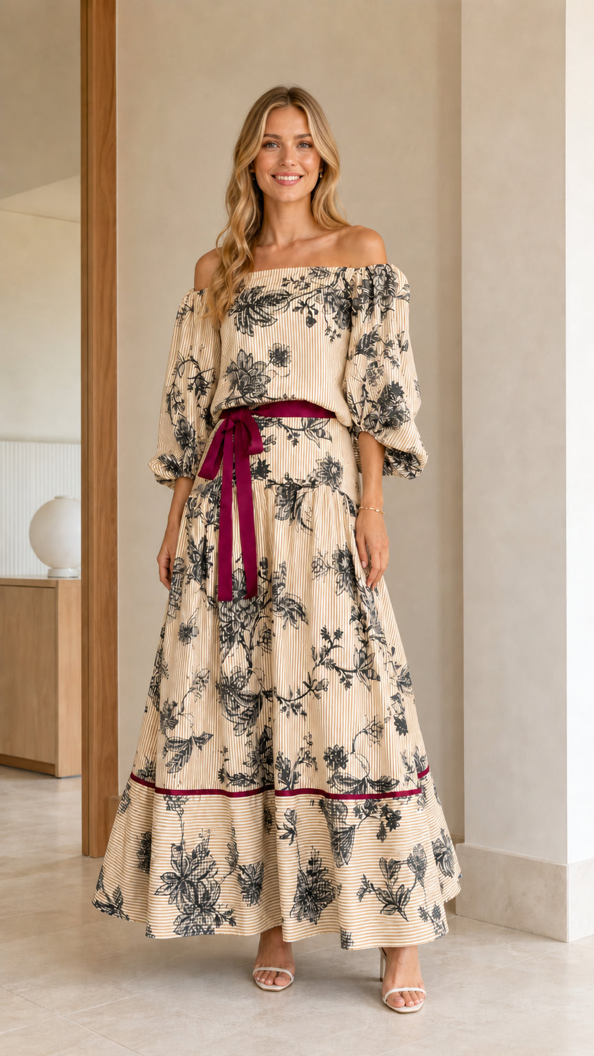 Model wearing Beige floral stripe off-the-shoulder tiered maxi dress