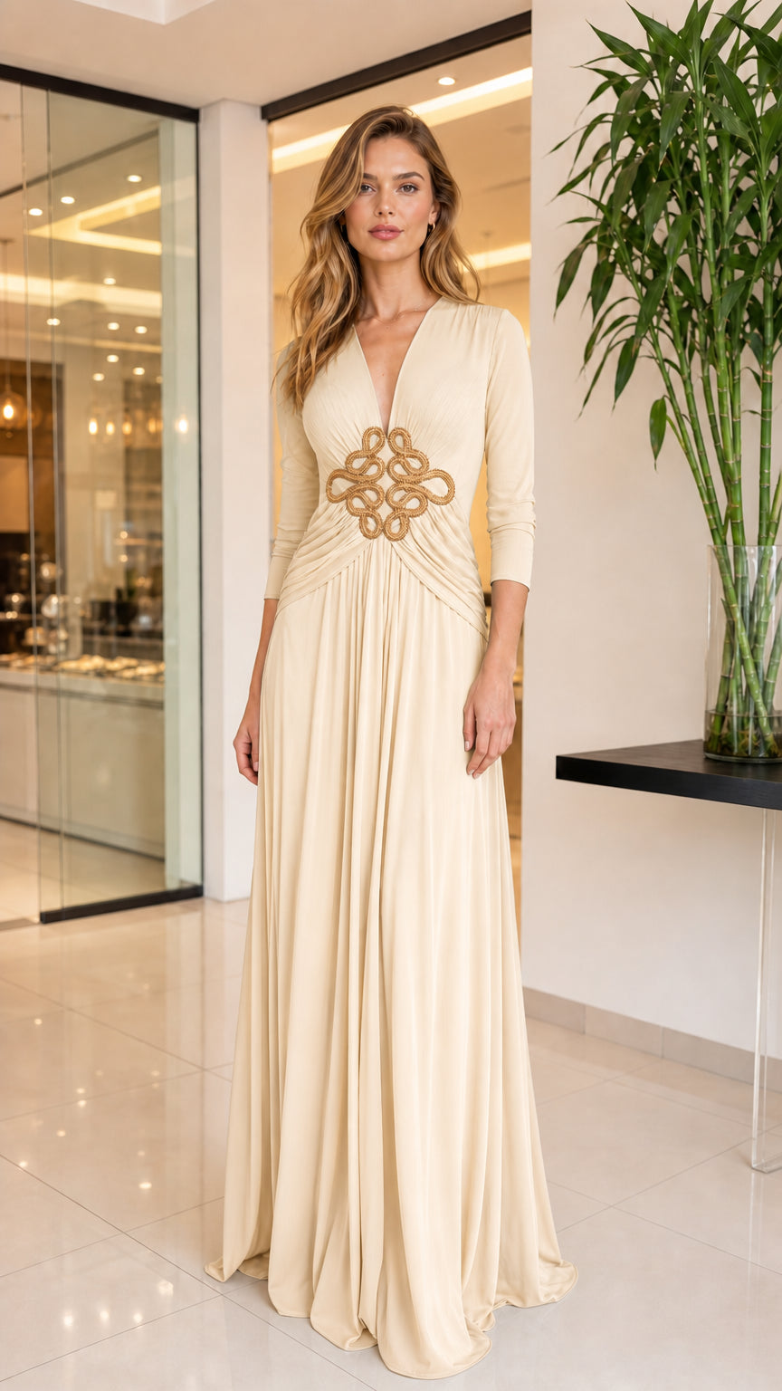 Champagne cream pleated maxi evening dress