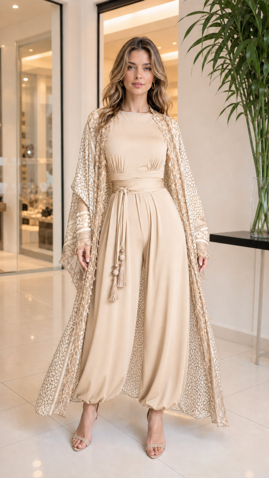 Champagne beige elegant jumpsuit and sheer printed kimono duster set