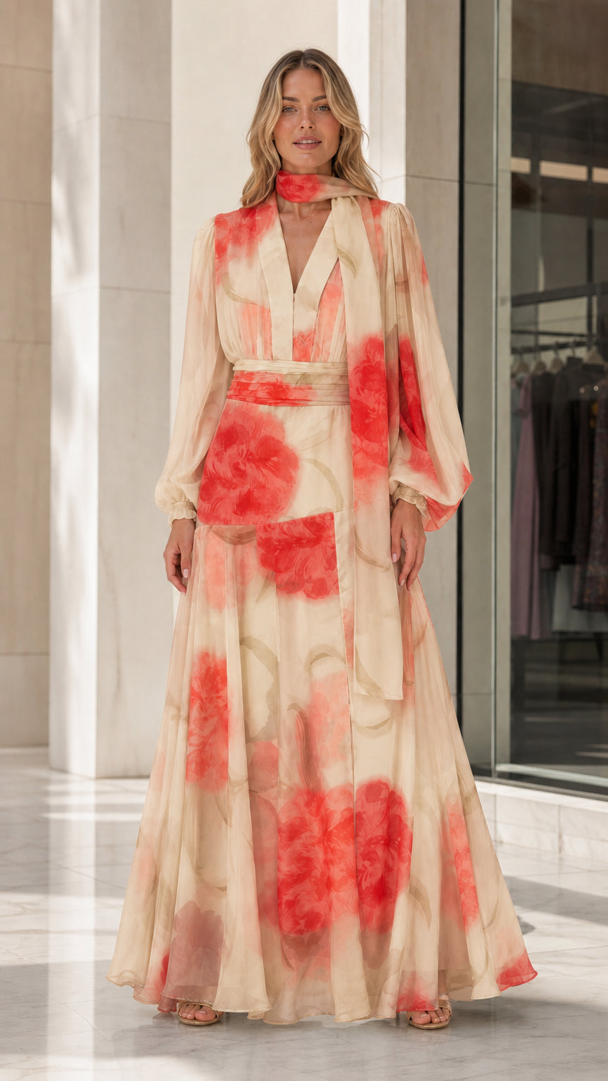 Full-length champagne watercolor floral chiffon long-sleeve maxi dress