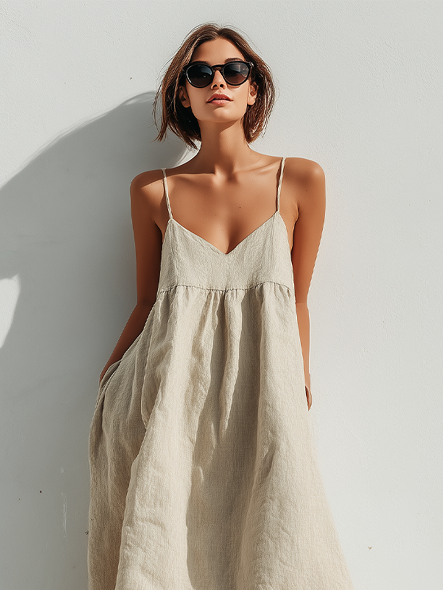 Women's Lightweight Linen Swing Dress With Loose Fit & Asymmetric Hem, Contemporary Effortless-Elegant Style Dress MDZ1369D3LYL
