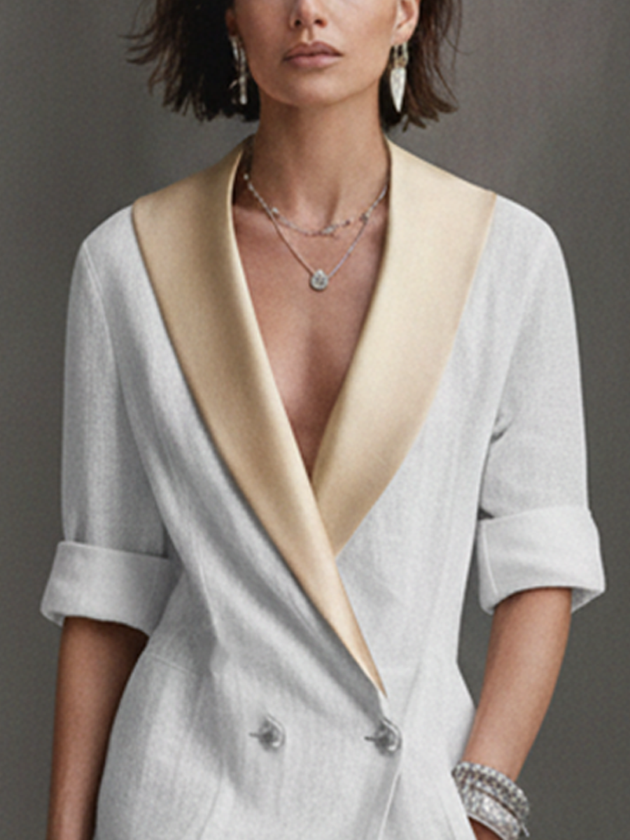Women's Light Luxury Style White Cotton Blend Spliced Satin Lapel Slit Long Dress MDZ1246F2GMJ