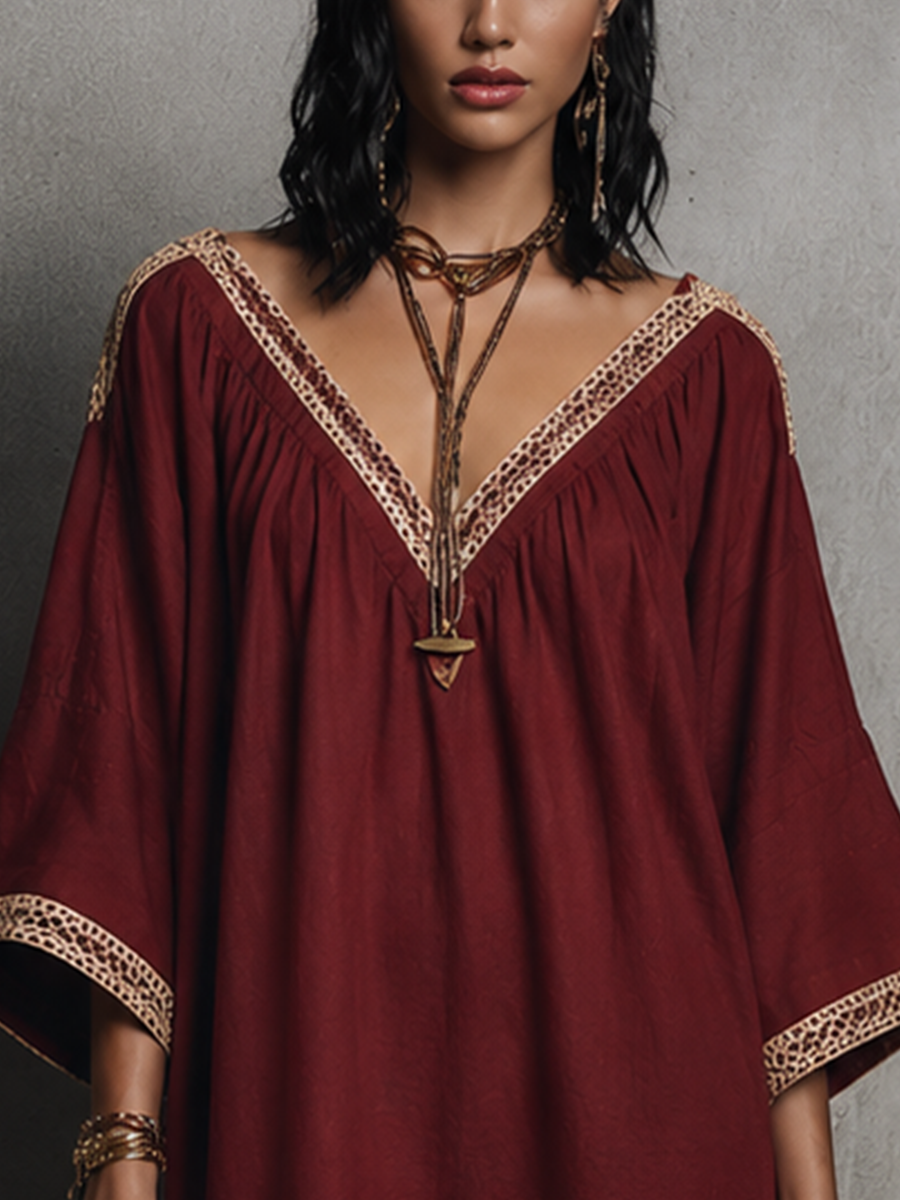 Women's Bohemian Retro Red Cotton Blend Dress With Trimmed V-Neck Loose Fit Mini Dress MDZ1681F7GMJ