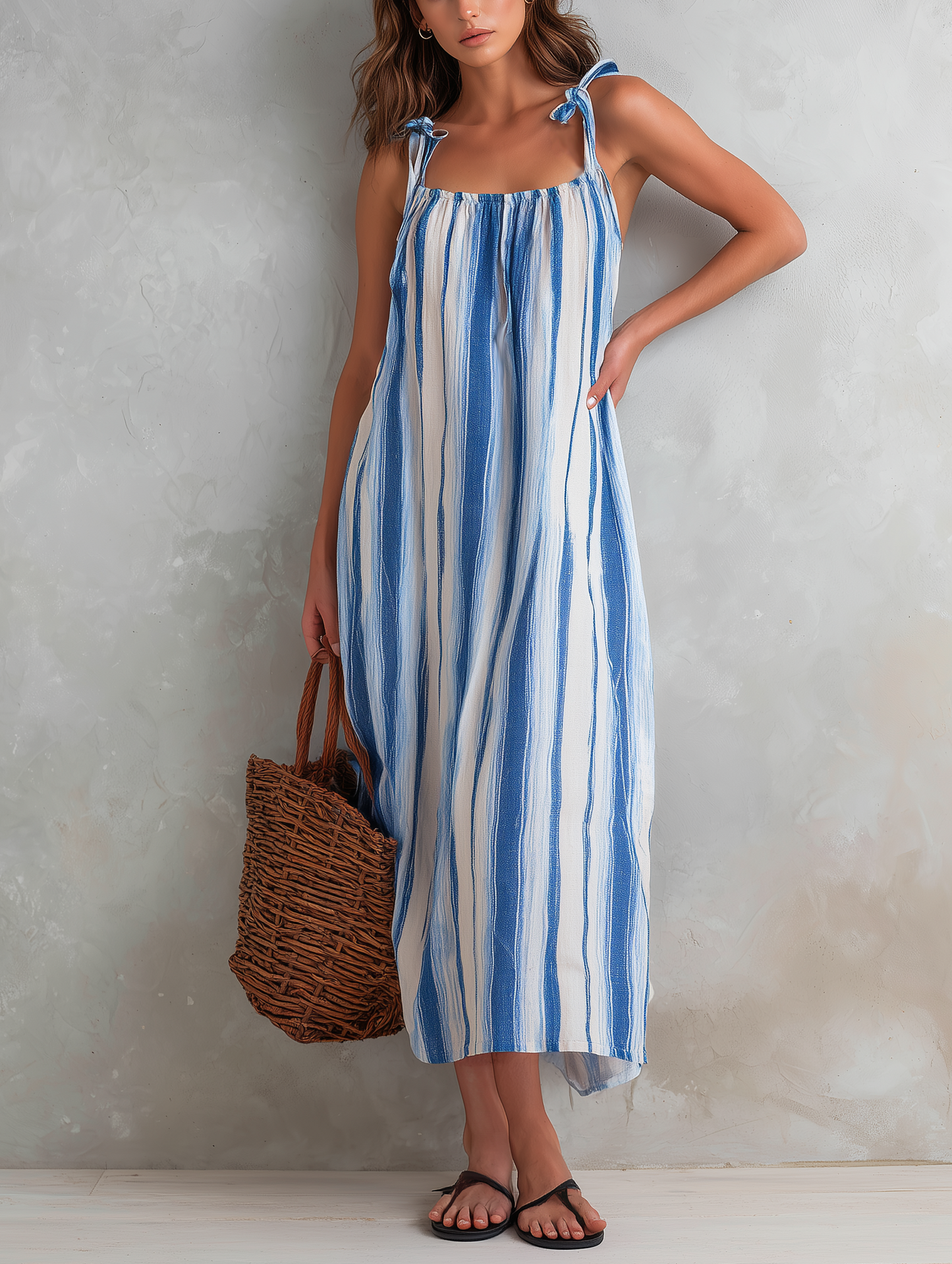 Women's Casual Blue Striped Cotton-linen Sleeveless Camisole Maxi Dress MDZ1857F3LXY