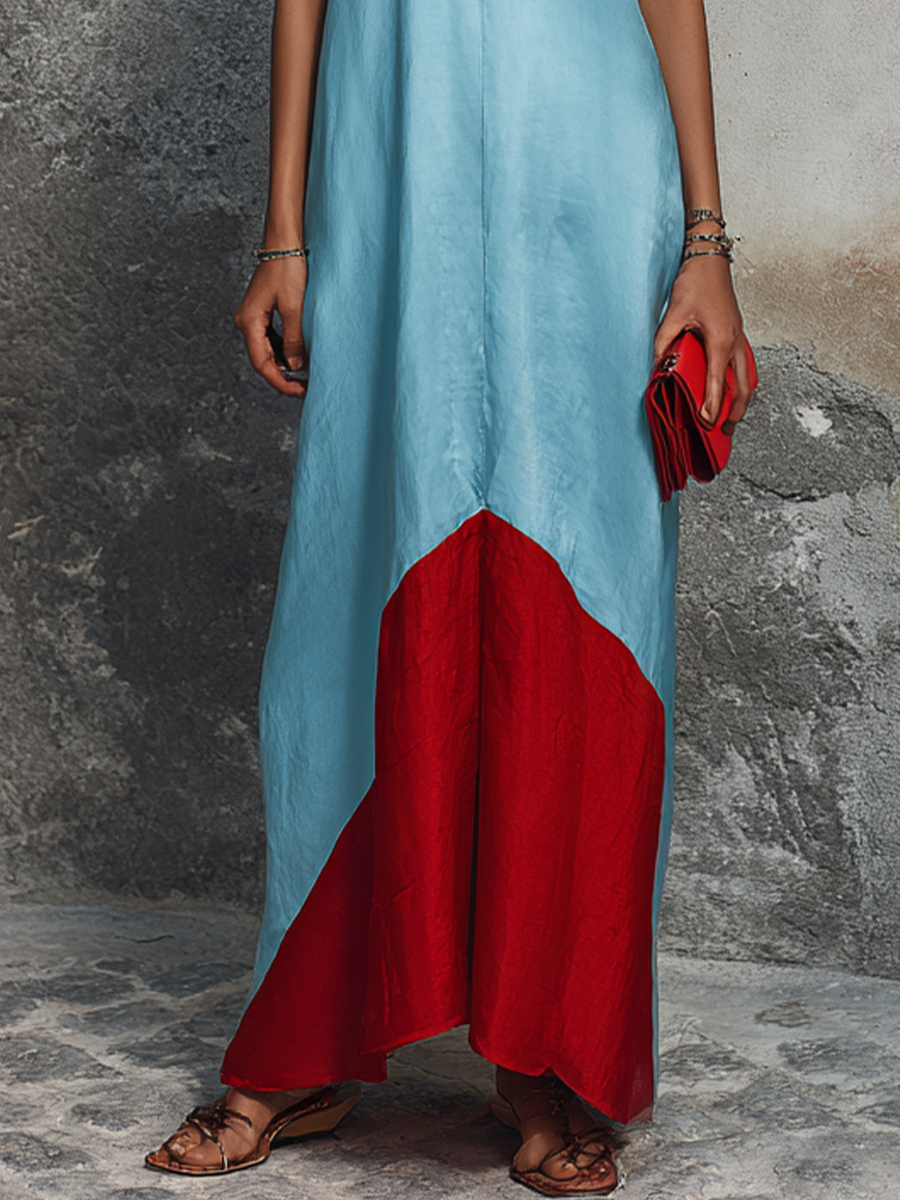 Women Retro Vacation Style Light Blue And Bright Red Color Block Satin V-Neck Sleeveless Spliced Maxi Dress MDZ2208F5GMJ