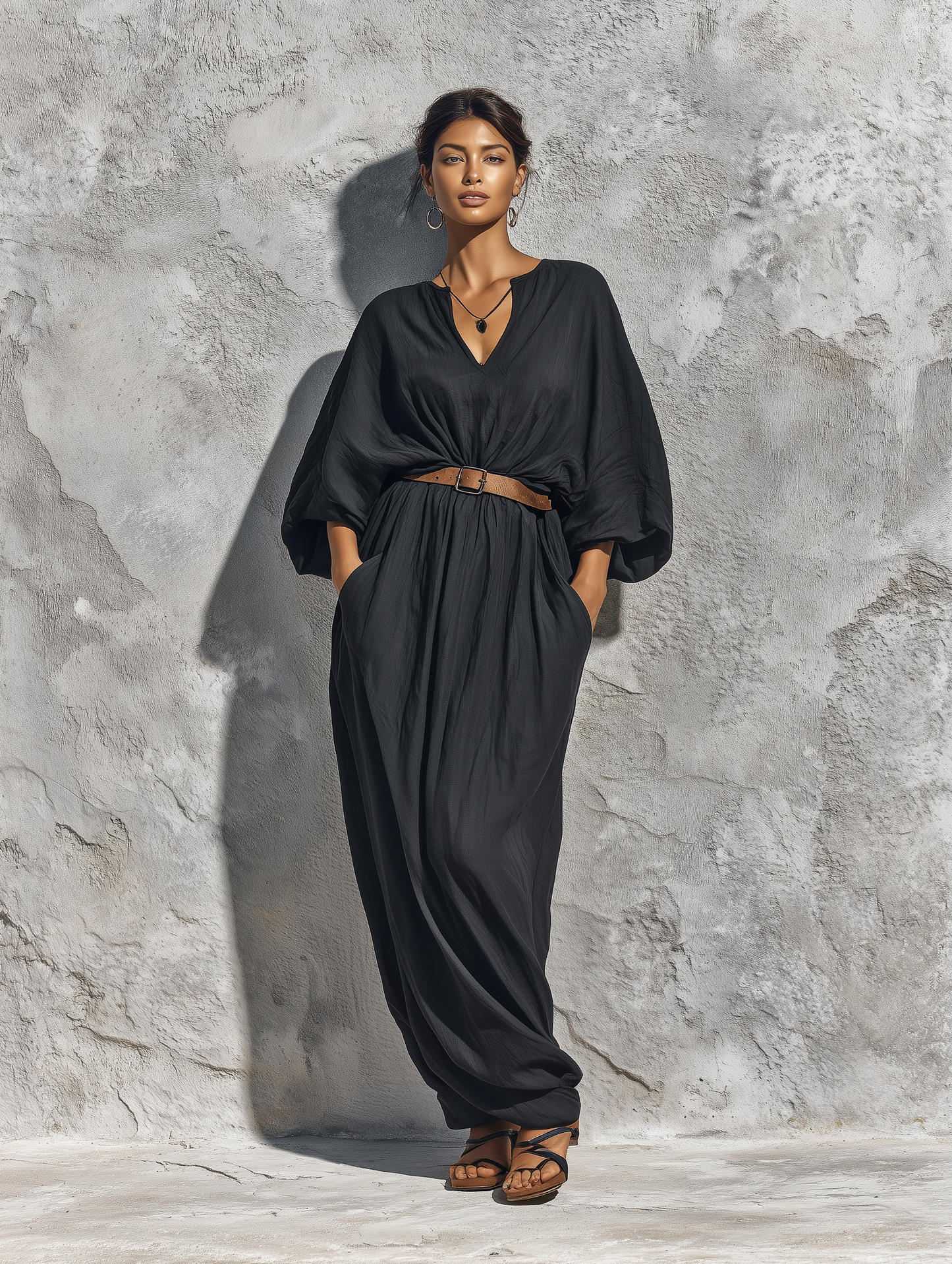 Women’s Black Linen V-Neck Batwing Puff Sleeve Belted Loose Maxi Kaftan Dress With Side Pockets MDZ2306F5T