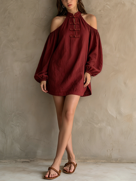 Women's Casual Dark Red Cotton-linen Off-shoulder Long-sleeve Mini Dress MDZ2597F7LXY
