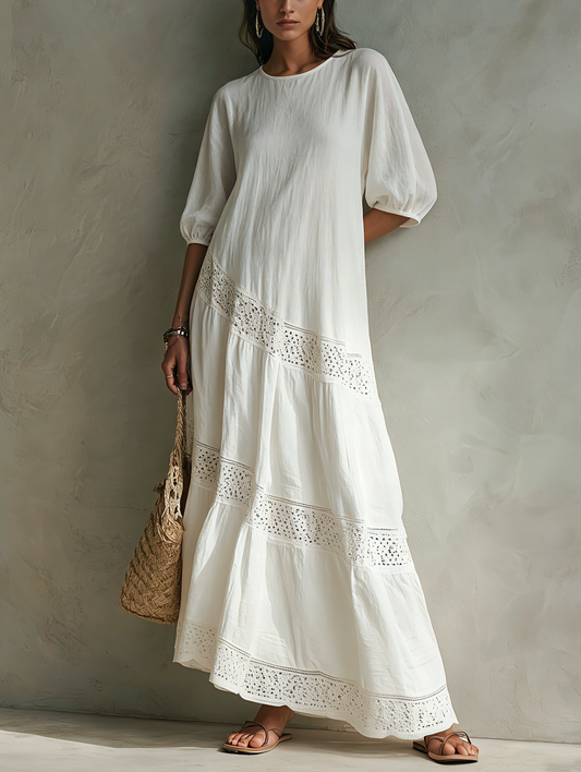 Women's Casual White Woven Midi Dress With A Round Neck And Mid-length Sleeves MDZ2601F8LXY