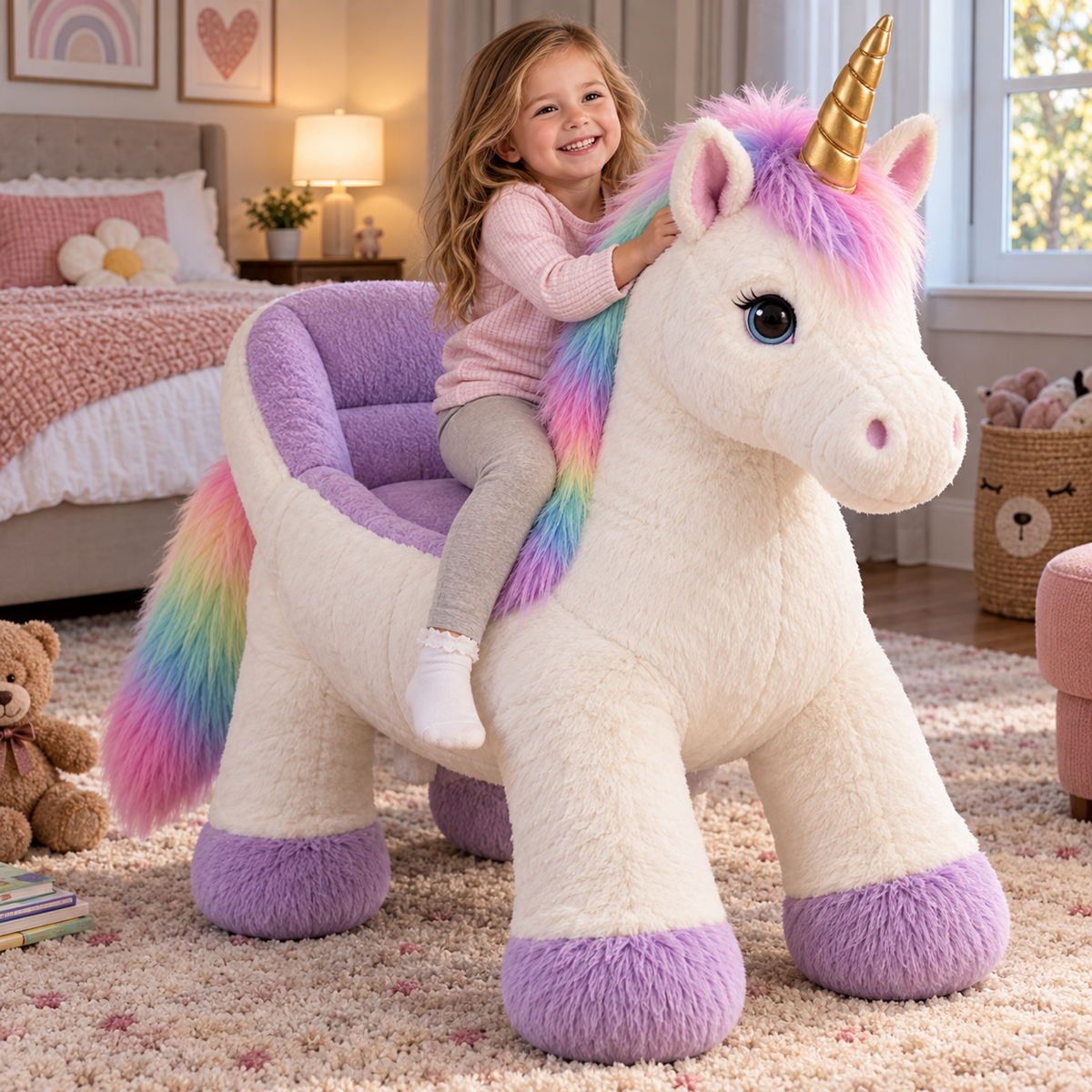 🦄 Giant Ride-On Unicorn Plush Chair ✨ Ultra-Soft Magical Kids Seat & Gift