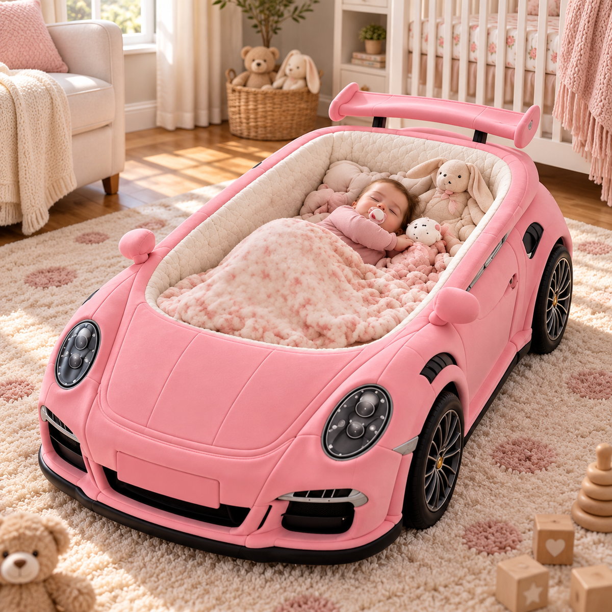 👶 Dream Ride Baby Lounger Bed 🏎️ Cozy Car-Shaped Plush Nursery Nest