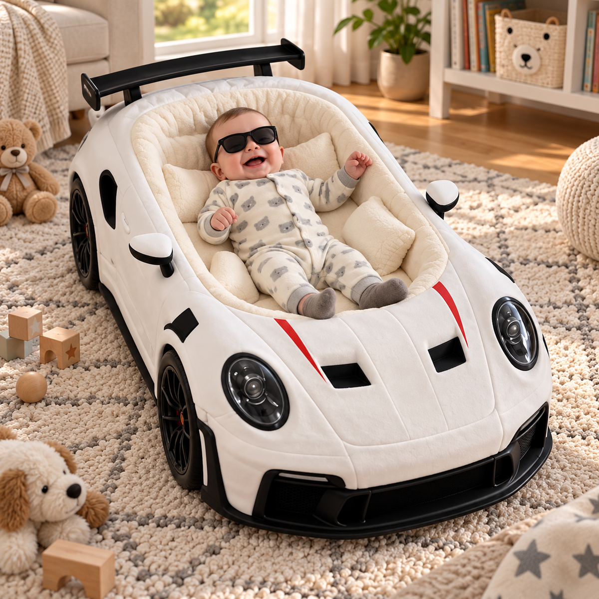 👶 Dream Ride Baby Lounger Bed 🏎️ Cozy Car-Shaped Plush Nursery Nest