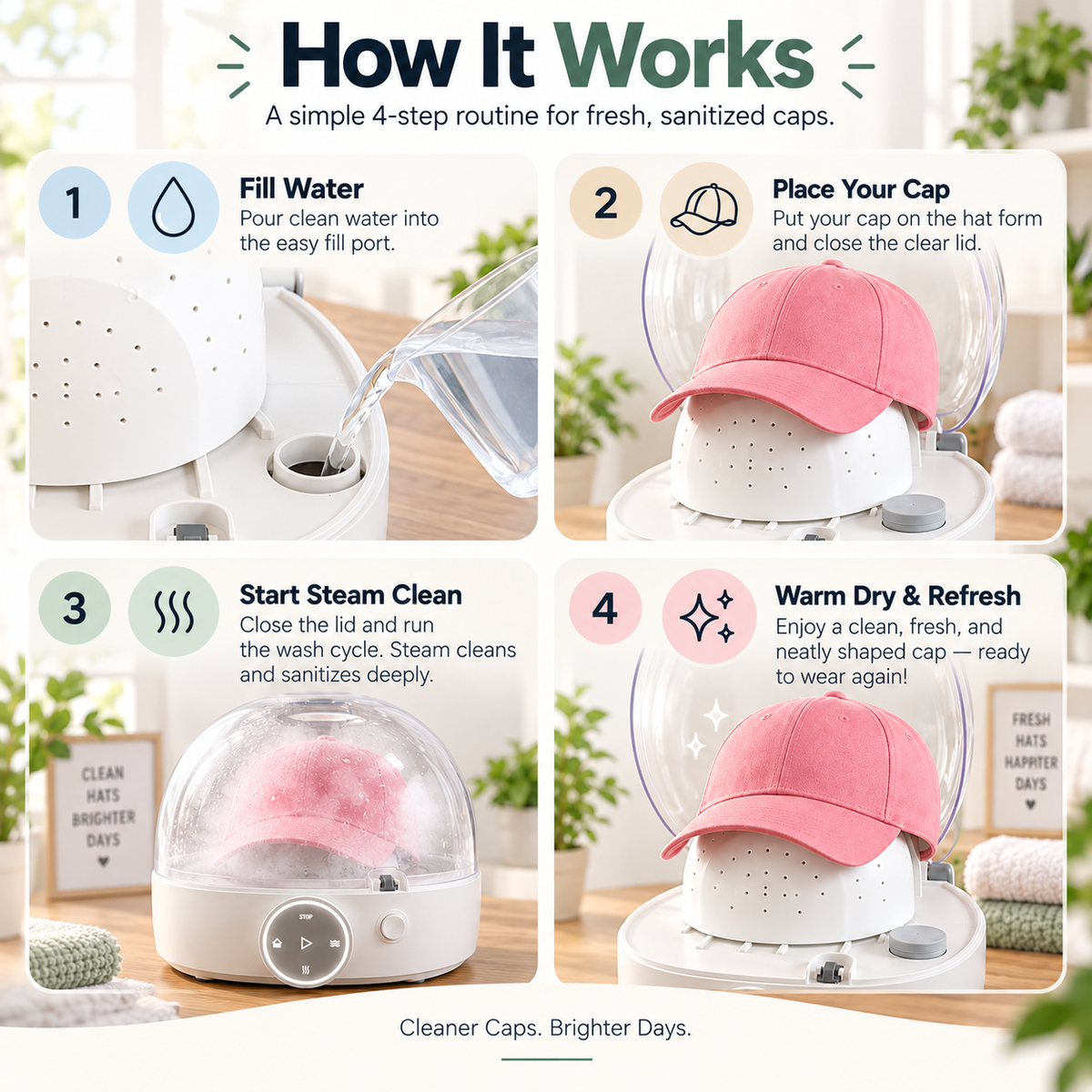 🧢 Automatic Hat Washer & Dryer ✨ Steam Cleaning, High-Temp Sanitizing & Warm Air Dry