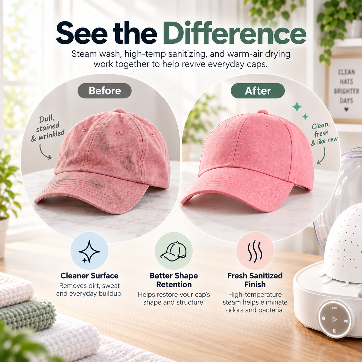 🧢 Automatic Hat Washer & Dryer ✨ Steam Cleaning, High-Temp Sanitizing & Warm Air Dry