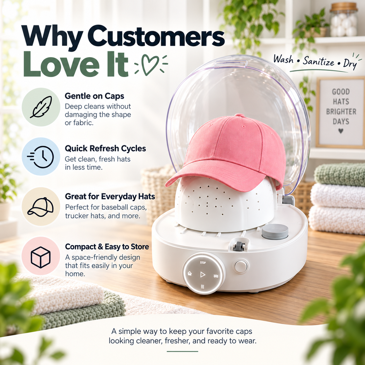 🧢 Automatic Hat Washer & Dryer ✨ Steam Cleaning, High-Temp Sanitizing & Warm Air Dry