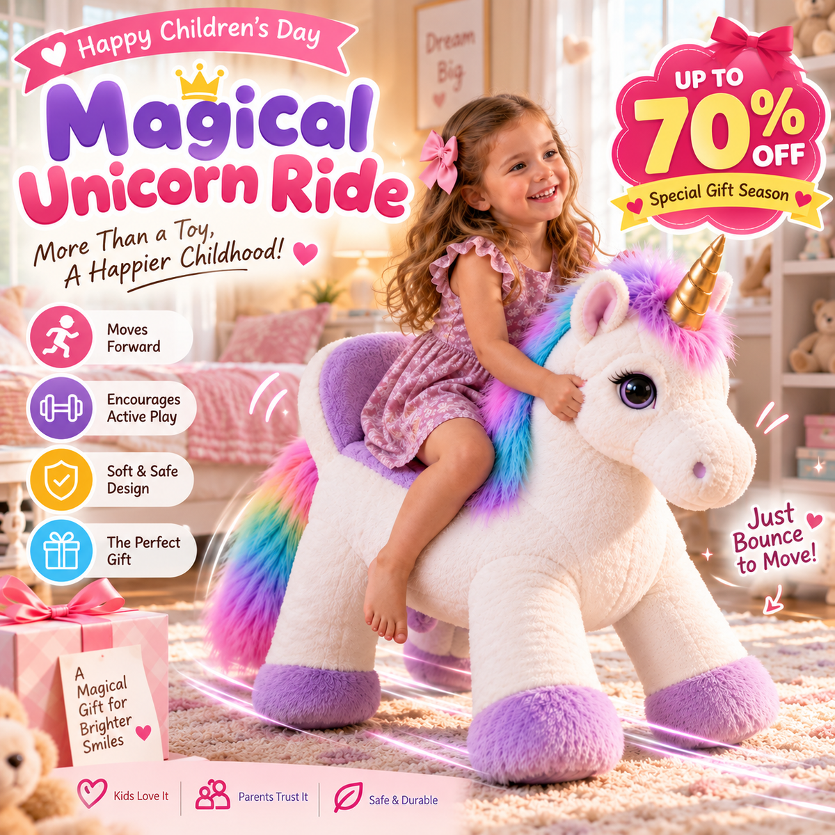 🦄 Giant Ride-On Unicorn Plush Chair ✨ Ultra-Soft Magical Kids Seat & Gift