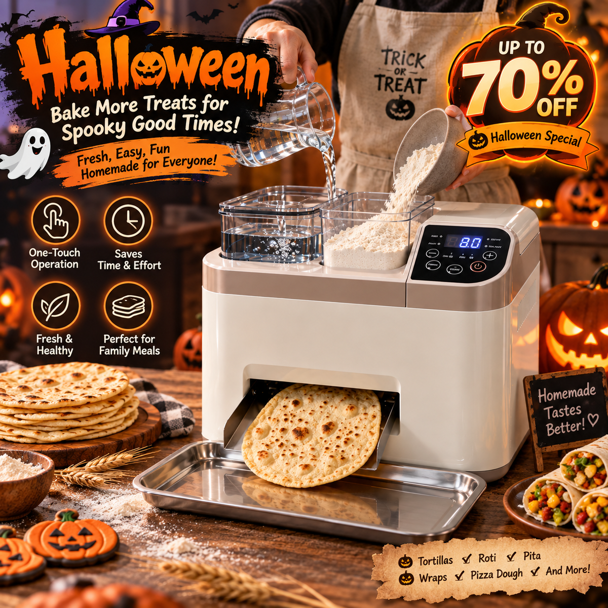 🎃 Automatic Flatbread Maker 🥙 One-Touch Homemade Tortilla, Roti, Pita & Wrap Machine