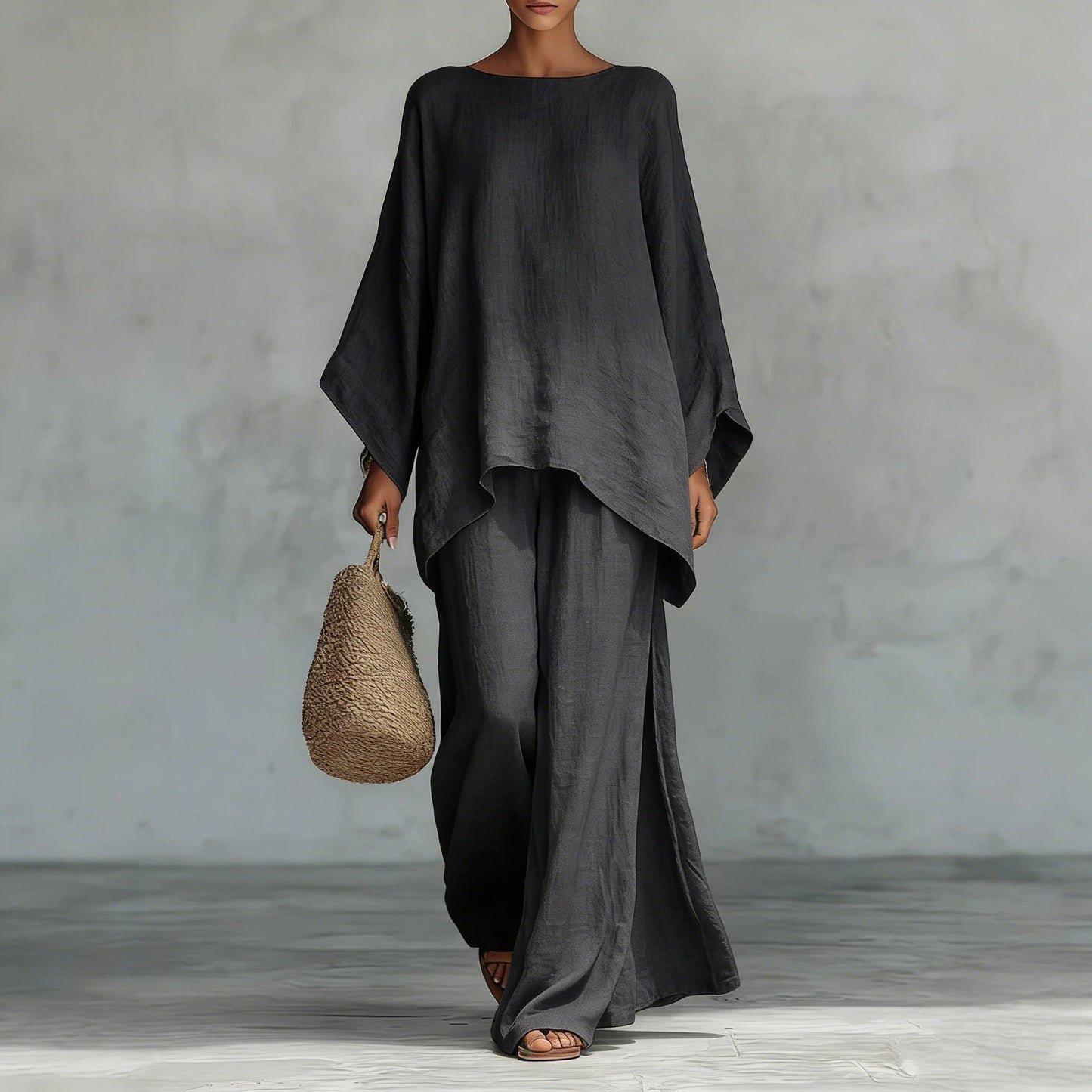 Relaxed Wide Leg Outfit Elegant Linen Blend Two Piece Set