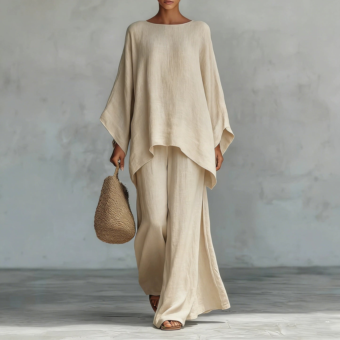 Relaxed Wide Leg Outfit Elegant Linen Blend Two Piece Set