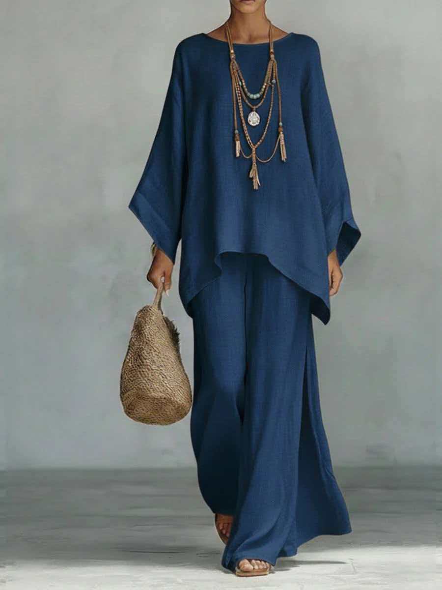 Relaxed Wide Leg Outfit Elegant Linen Blend Two Piece Set