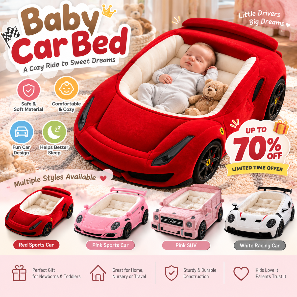 👶 Dream Ride Baby Lounger Bed 🏎️ Cozy Car-Shaped Plush Nursery Nest