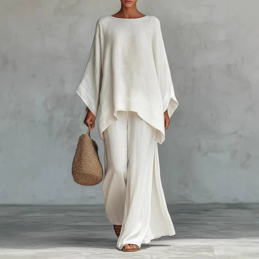 Relaxed Wide Leg Outfit Elegant Linen Blend Two Piece Set
