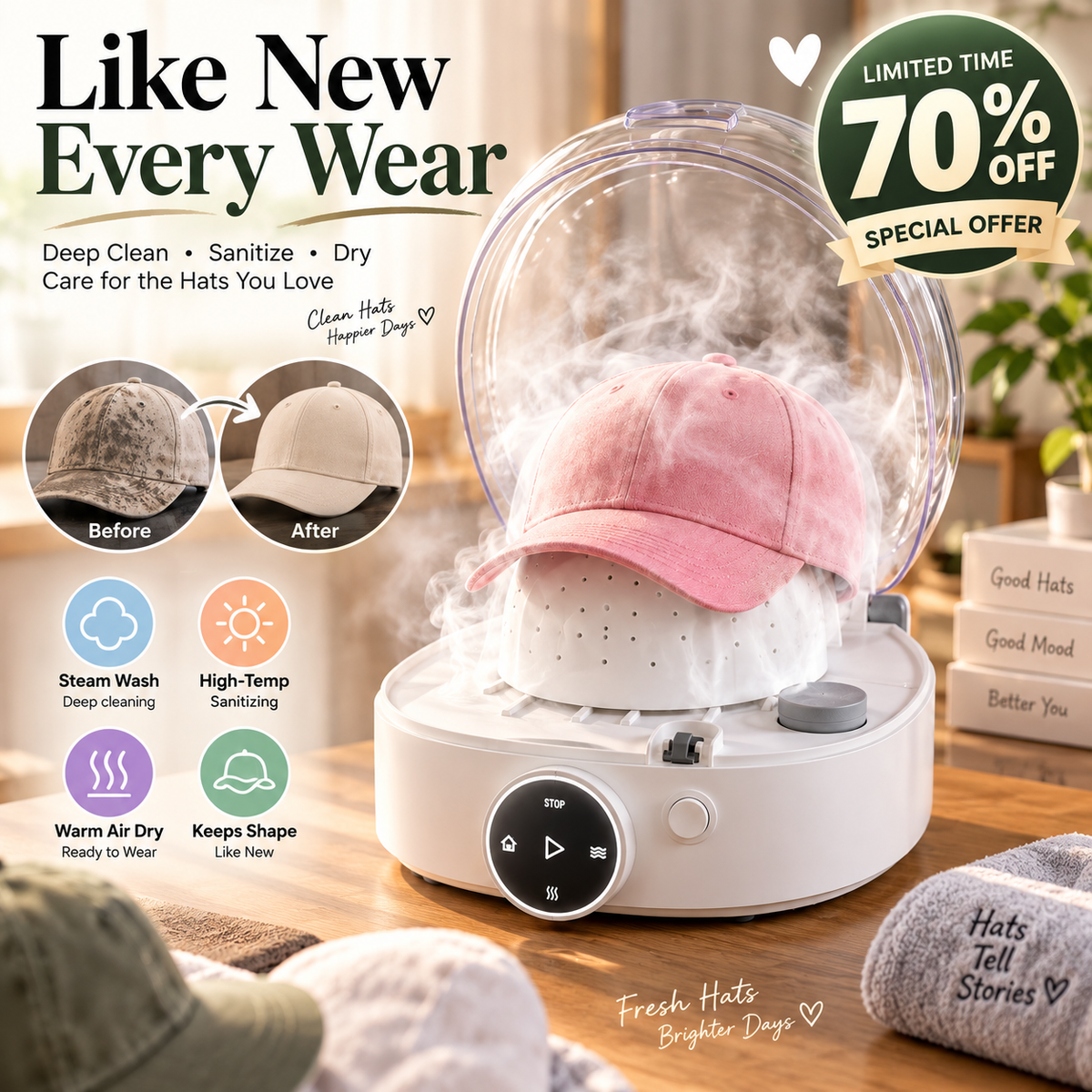🧢 Automatic Hat Washer & Dryer ✨ Steam Cleaning, High-Temp Sanitizing & Warm Air Dry